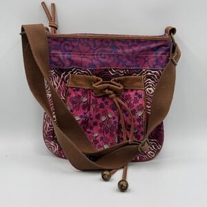 Lulu NYC Patchwork Floral Canvas Crossbody Bag Boho Multicolor Drawstring Pink‎